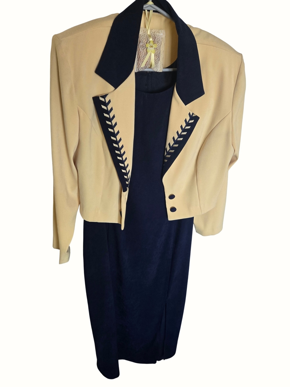 Women's Two-Tone Navy and Light Yellow Cropped Blazer and Dress Set